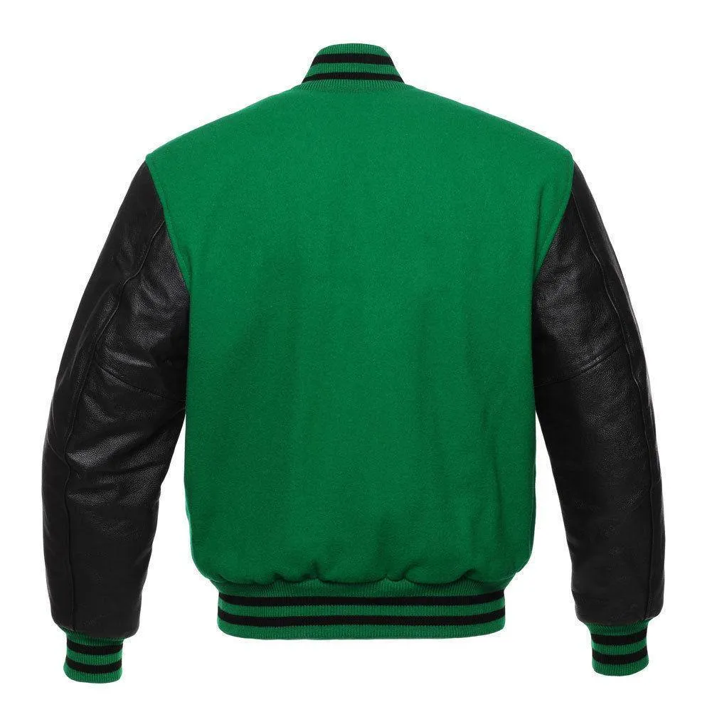 Warrior Gears Classic Hybrid Varsity Jacket University Letterman Bomber Jacket, Pure Wool & Original Cowhide Leather Jacket, Green Pure Wool Body & Black Real Leather Sleeves