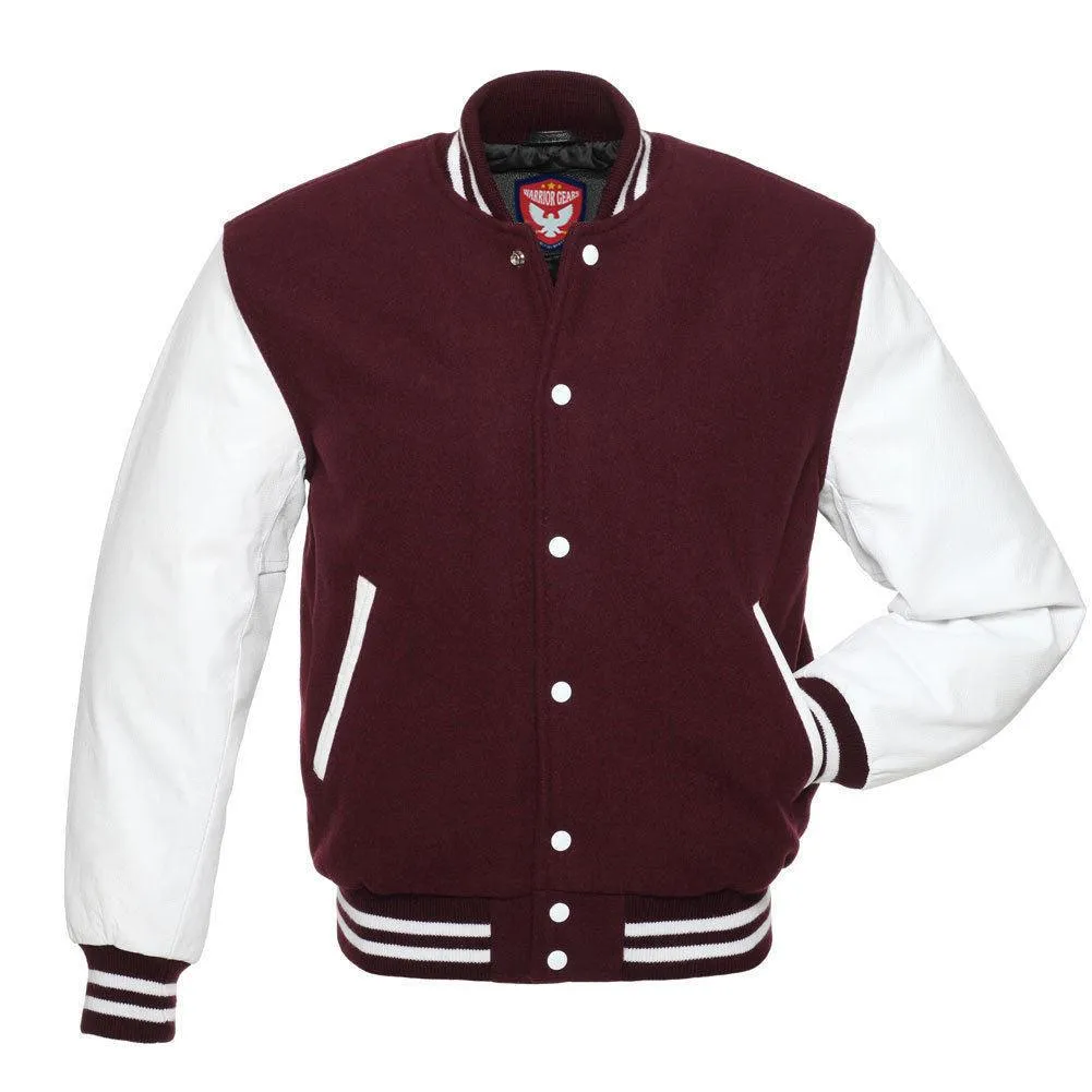 Warrior Gears Classic Hybrid Varsity Jacket University Letterman Bomber Jacket, Pure Wool & Original Cowhide Leather Jacket, Maroon Wool Body & White Leather Sleeves