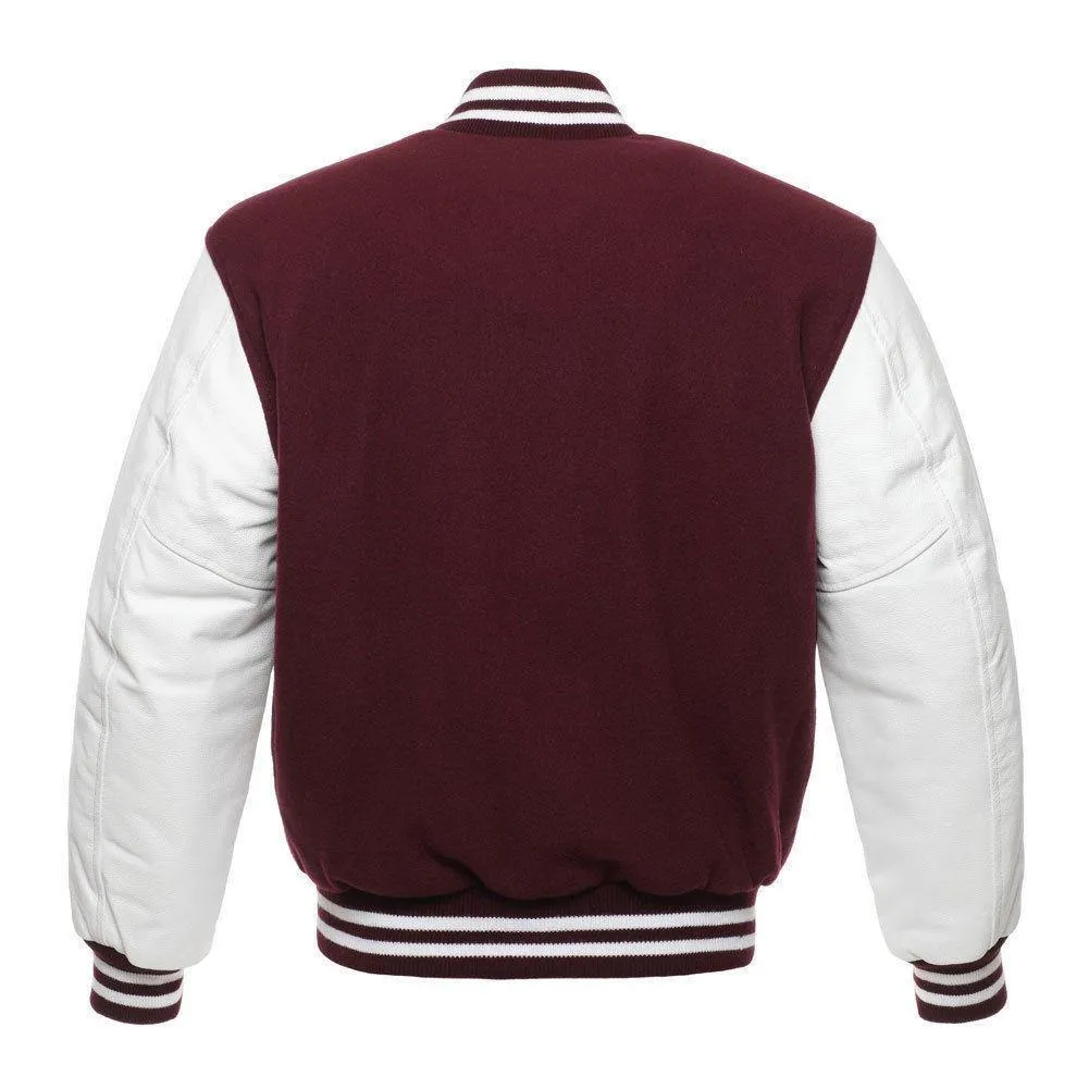 Warrior Gears Classic Hybrid Varsity Jacket University Letterman Bomber Jacket, Pure Wool & Original Cowhide Leather Jacket, Maroon Wool Body & White Leather Sleeves