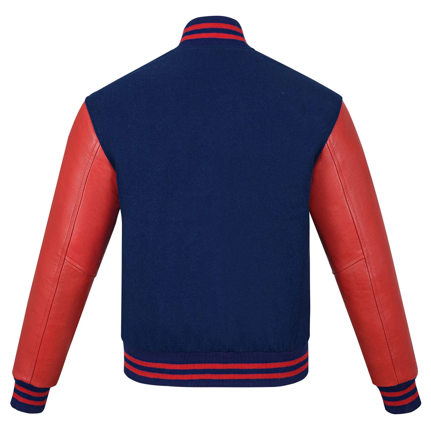 Warrior Gears Classic Hybrid Varsity Jacket University Letterman Bomber Jacket, Pure Wool & Original Cowhide Leather Jacket, Navy Blue Pure Wool Body & Red Real Leather Sleeves