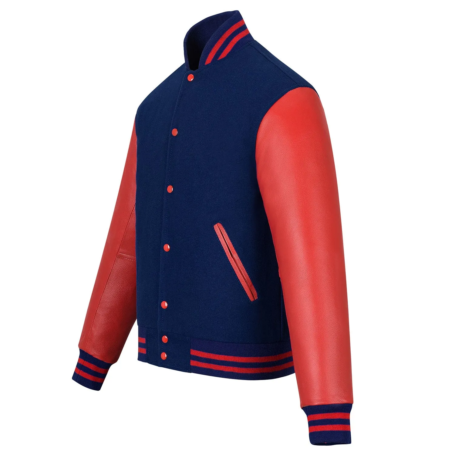 Warrior Gears Classic Hybrid Varsity Jacket University Letterman Bomber Jacket, Pure Wool & Original Cowhide Leather Jacket, Navy Blue Pure Wool Body & Red Real Leather Sleeves