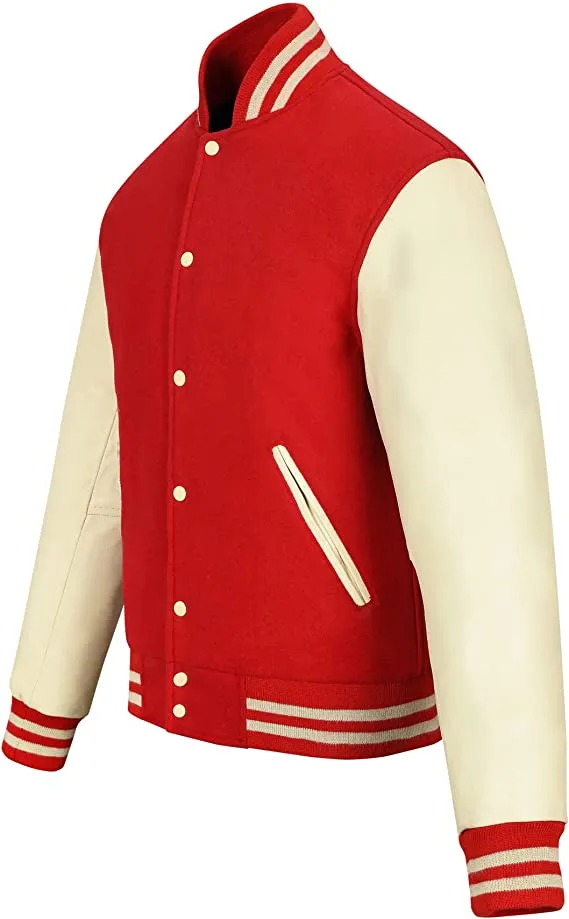 Warrior Gears Classic Hybrid Varsity Jacket University Letterman Bomber Jacket, Pure Wool & Original Cowhide Leather Jacket, Red Pure Wool Body & Cream Real Leather Sleeves