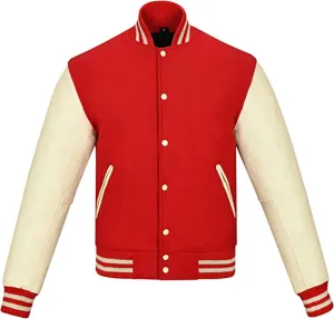 Warrior Gears Classic Hybrid Varsity Jacket University Letterman Bomber Jacket, Pure Wool & Original Cowhide Leather Jacket, Red Pure Wool Body & Cream Real Leather Sleeves