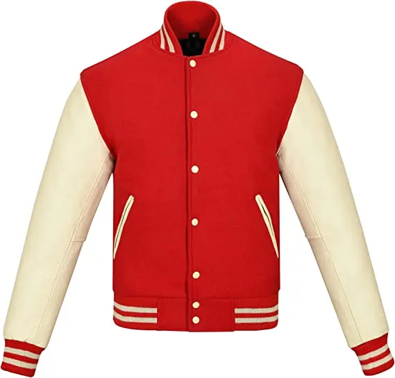 Warrior Gears Classic Hybrid Varsity Jacket University Letterman Bomber Jacket, Pure Wool & Original Cowhide Leather Jacket, Red Pure Wool Body & Cream Real Leather Sleeves