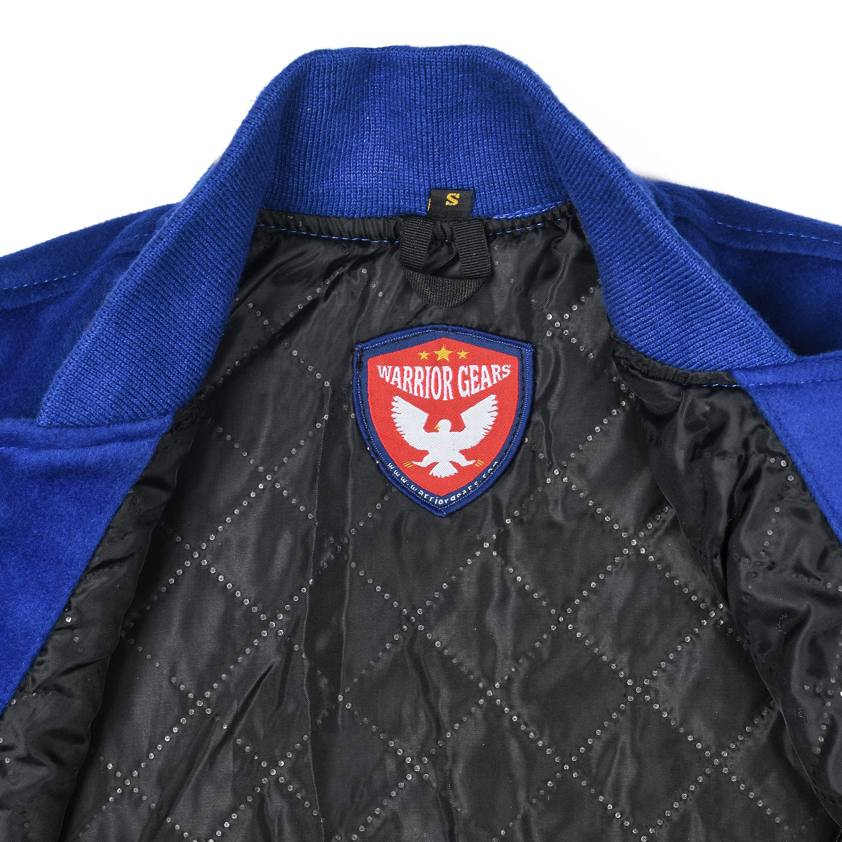 Warrior Gears Classic Hybrid Varsity Jacket University Letterman Bomber Jacket, Pure Wool & Original Cowhide Leather Jacket, Royal Blue Pure Wool Body & Gold Real Leather Sleeves