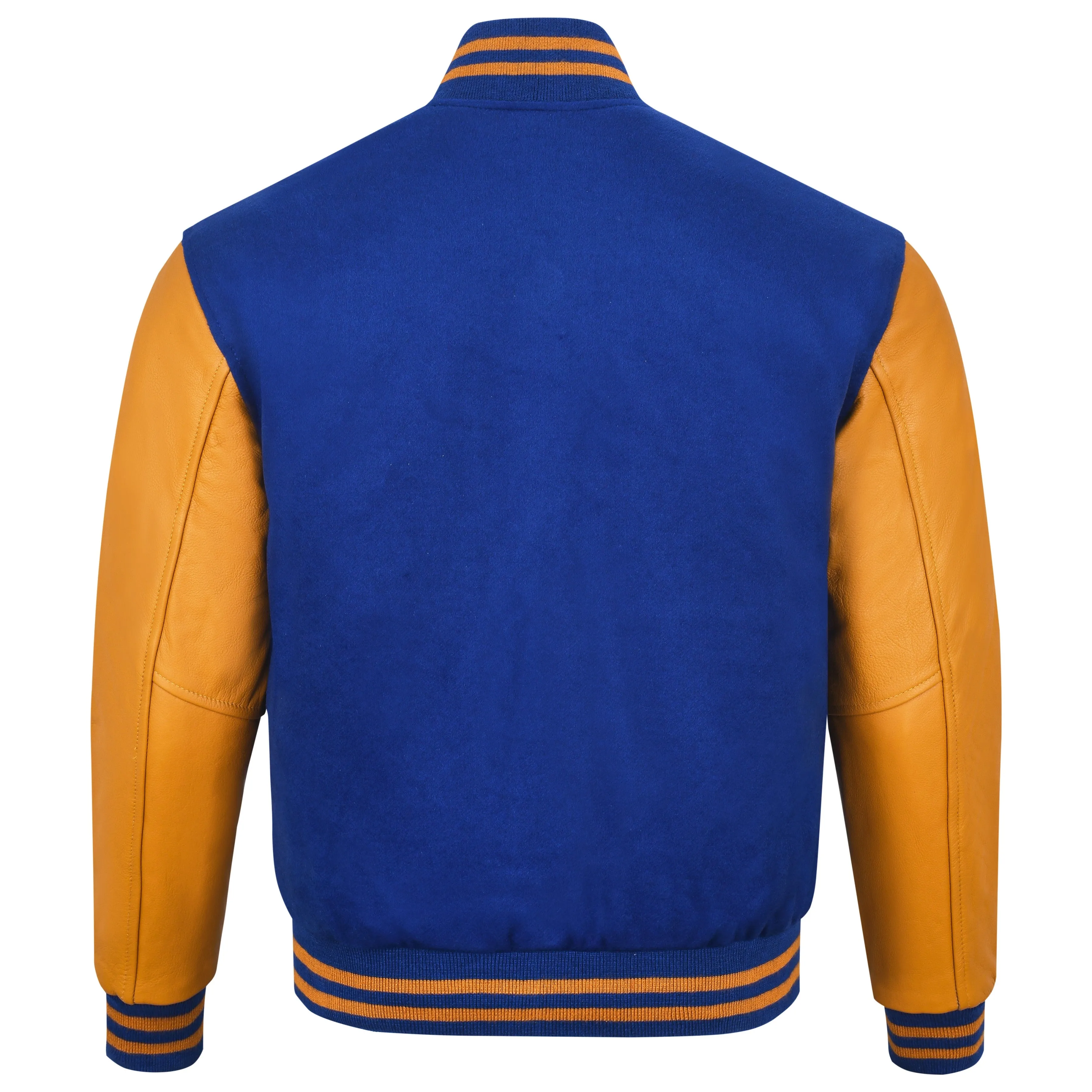 Warrior Gears Classic Hybrid Varsity Jacket University Letterman Bomber Jacket, Pure Wool & Original Cowhide Leather Jacket, Royal Blue Pure Wool Body & Gold Real Leather Sleeves