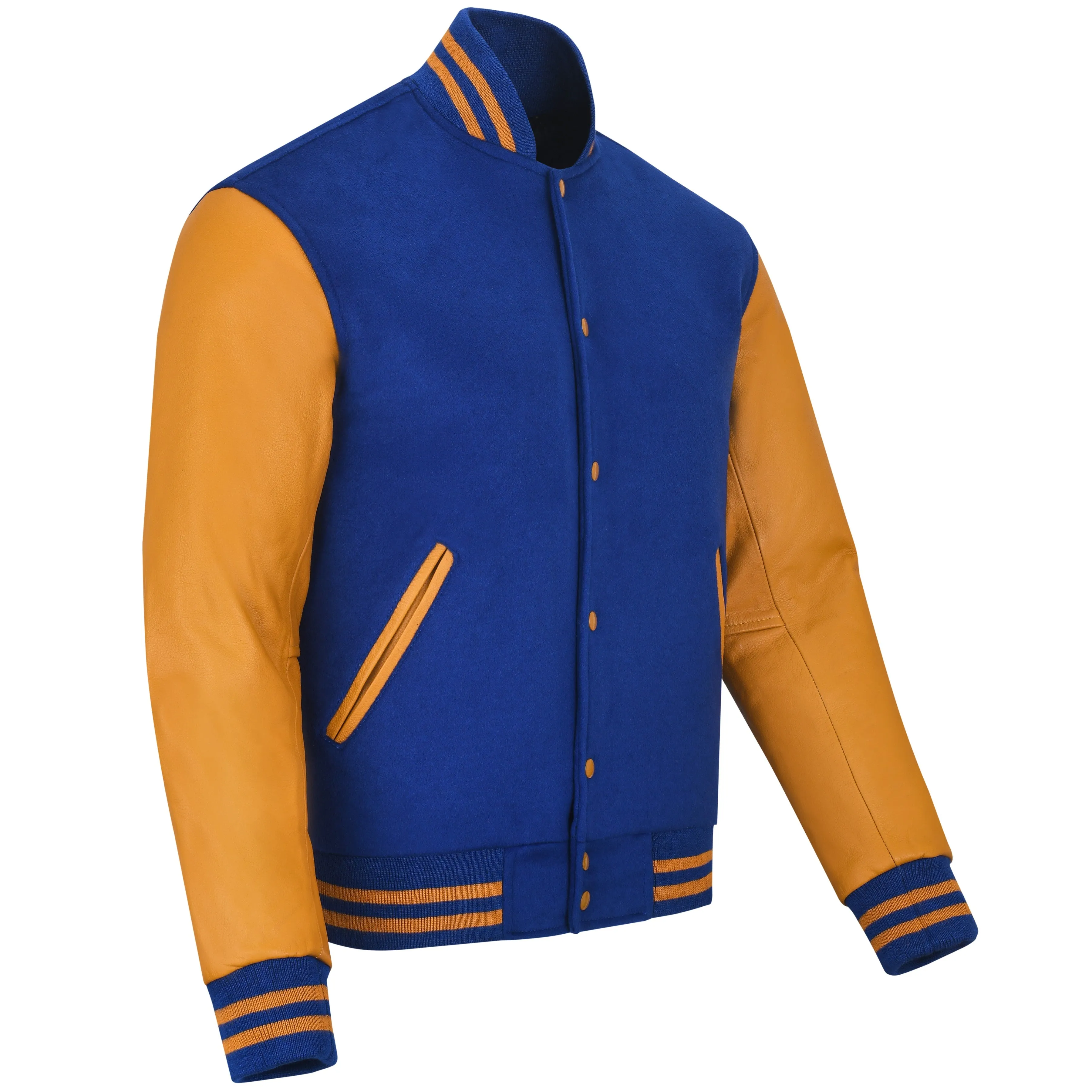 Warrior Gears Classic Hybrid Varsity Jacket University Letterman Bomber Jacket, Pure Wool & Original Cowhide Leather Jacket, Royal Blue Pure Wool Body & Gold Real Leather Sleeves