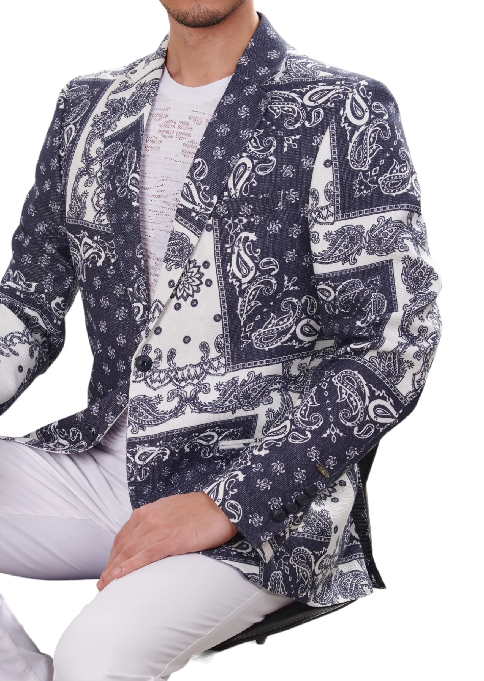 White Blue Bandana Print Blazer