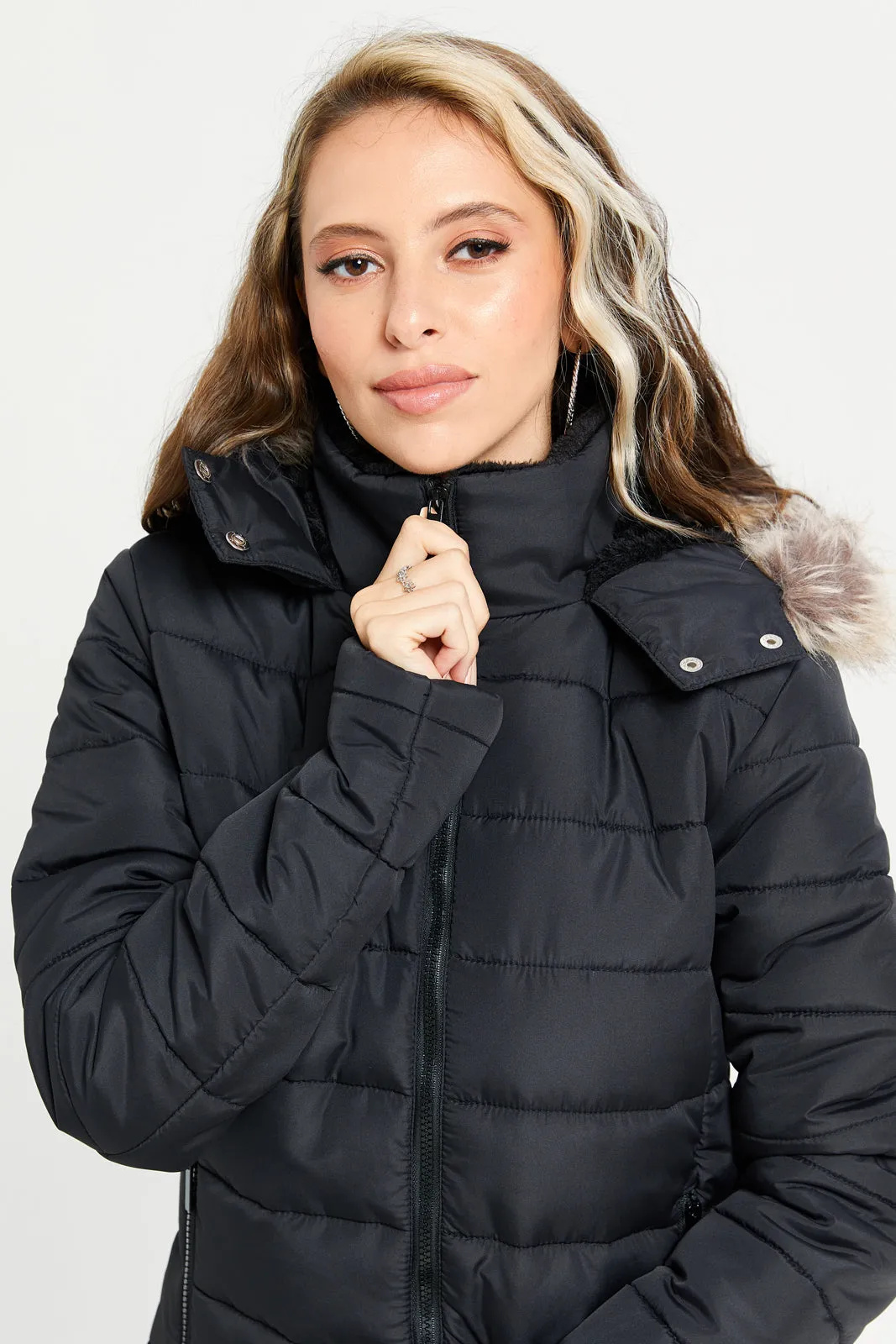 Women Black Faux Fur Hooded Jacket