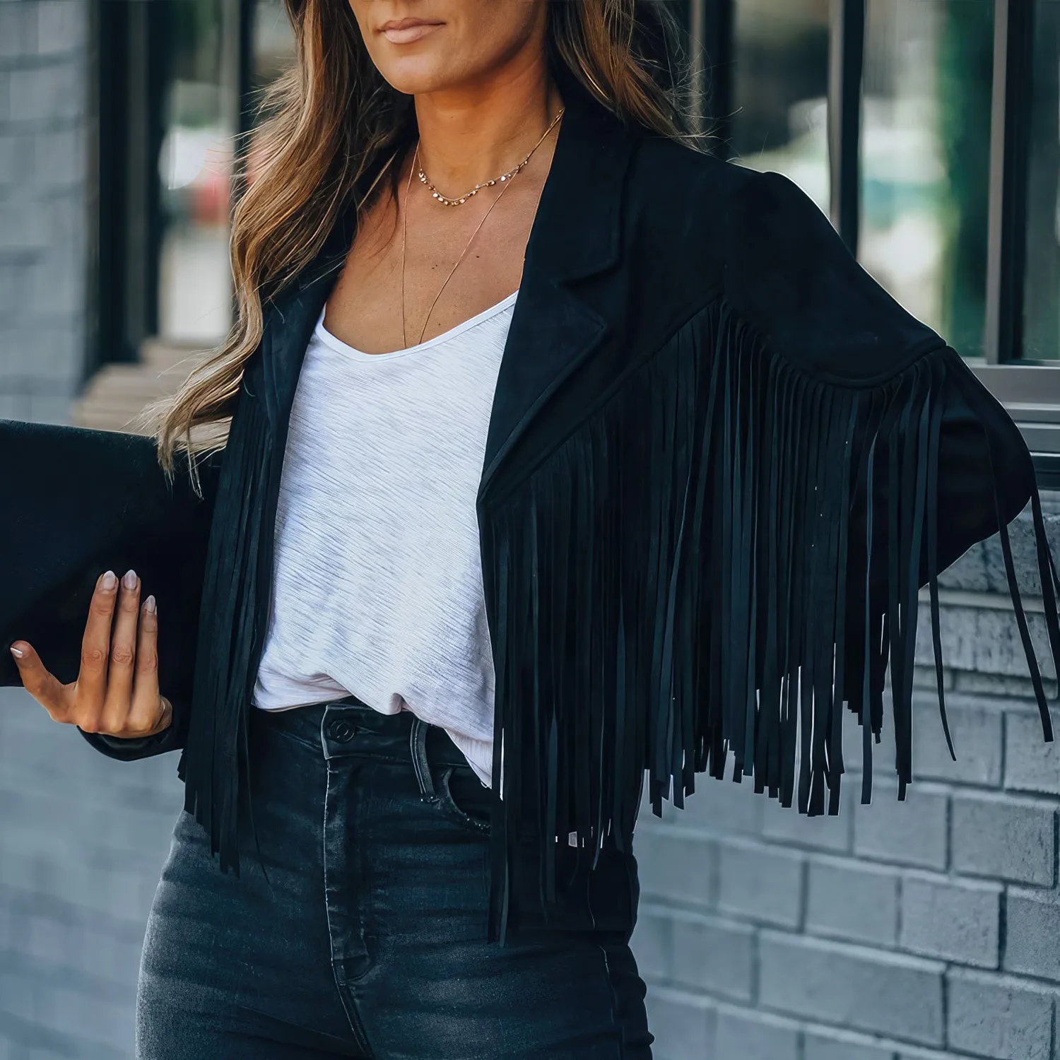 Women’s Black Genuine Suede Tassel Lapel Long Sleeve Motor Biker Native American Vintage Cropped Leather Jacket