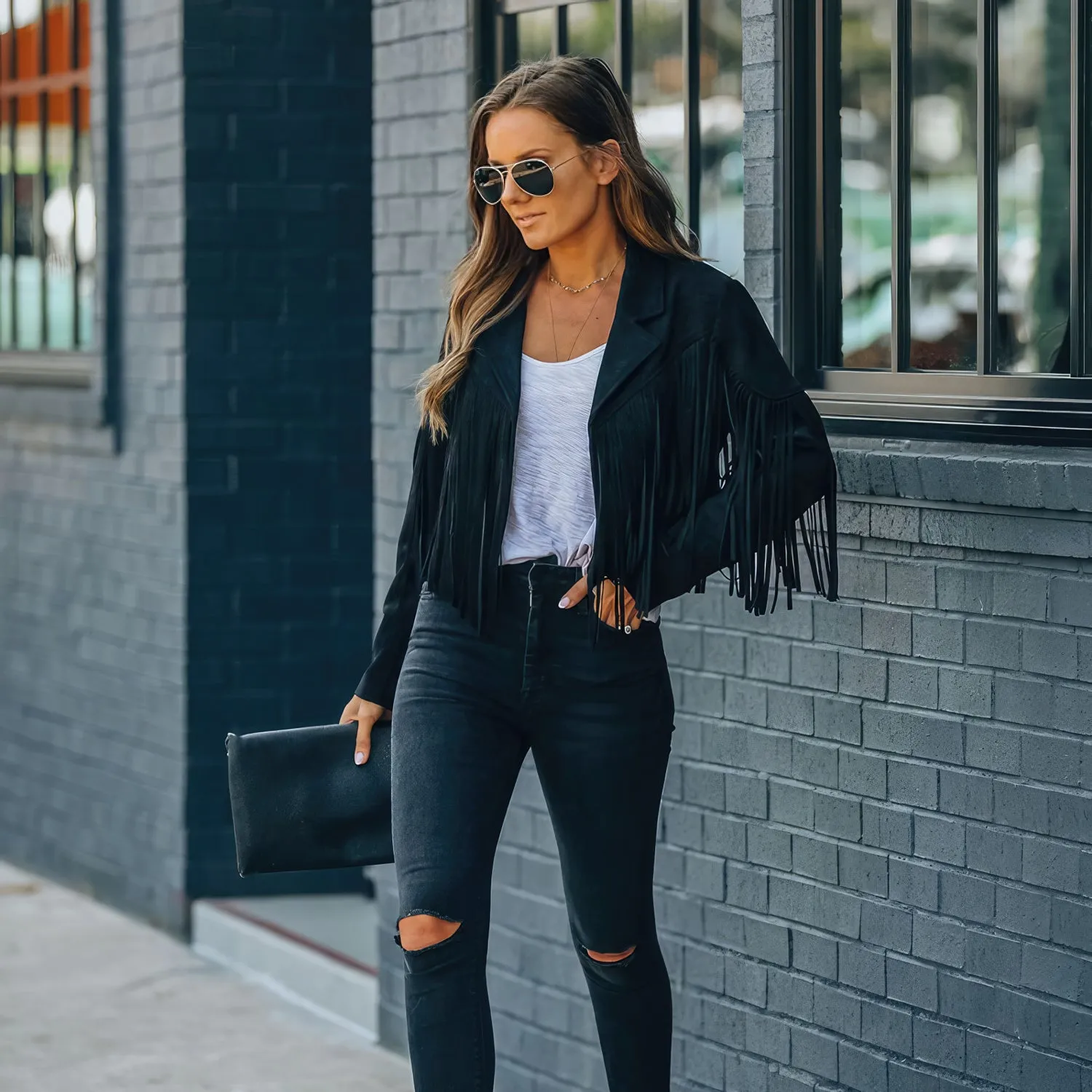 Women’s Black Genuine Suede Tassel Lapel Long Sleeve Motor Biker Native American Vintage Cropped Leather Jacket