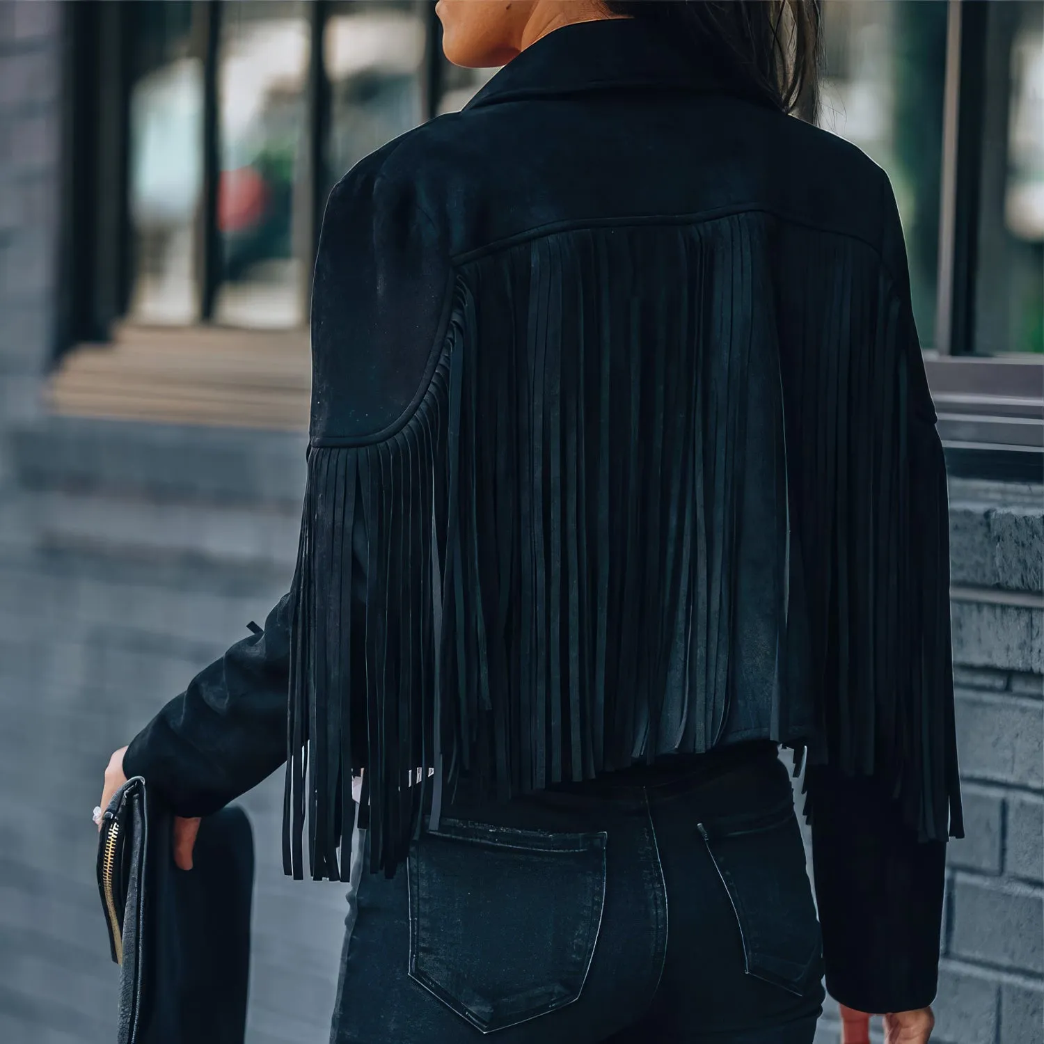 Women’s Black Genuine Suede Tassel Lapel Long Sleeve Motor Biker Native American Vintage Cropped Leather Jacket