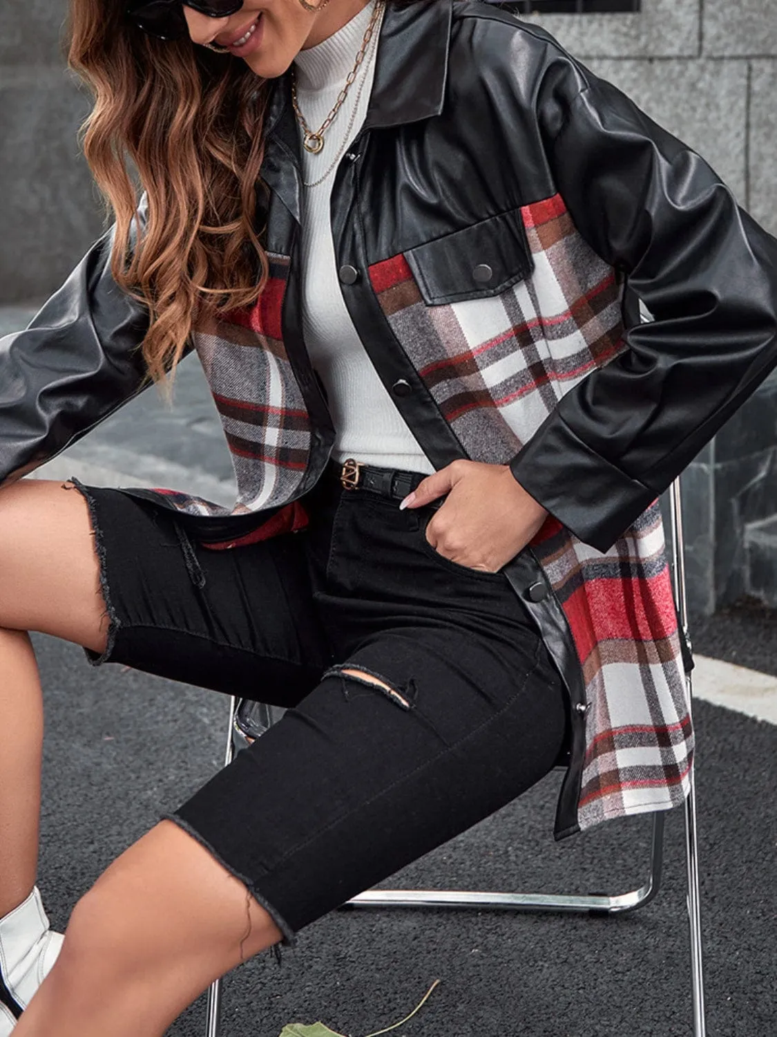 Women's Plaid Pleather Button-Up Dropped Shoulder Jacket