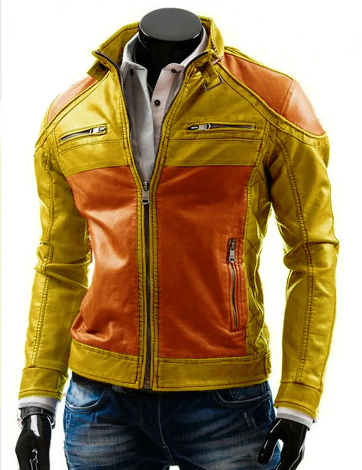 Yellow and Blue slim fit Biker Leather jacket for men